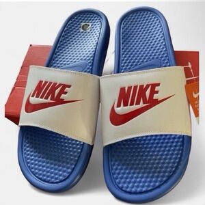 Nike Men's Benassi JDI Red, White & Blue Slide Sandals Red Logo Comfort Slip-On